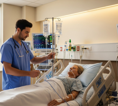 Enfermero administrando medicación intravenosa a paciente crítico en Unidad de Cuidados Intensivos