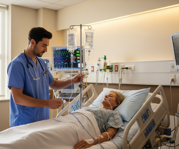 Enfermero administrando medicación intravenosa a paciente crítico en Unidad de Cuidados Intensivos